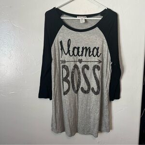 Mama Boss Women's Raglan Tee - Black and Heather Gray Super Soft-Size Large